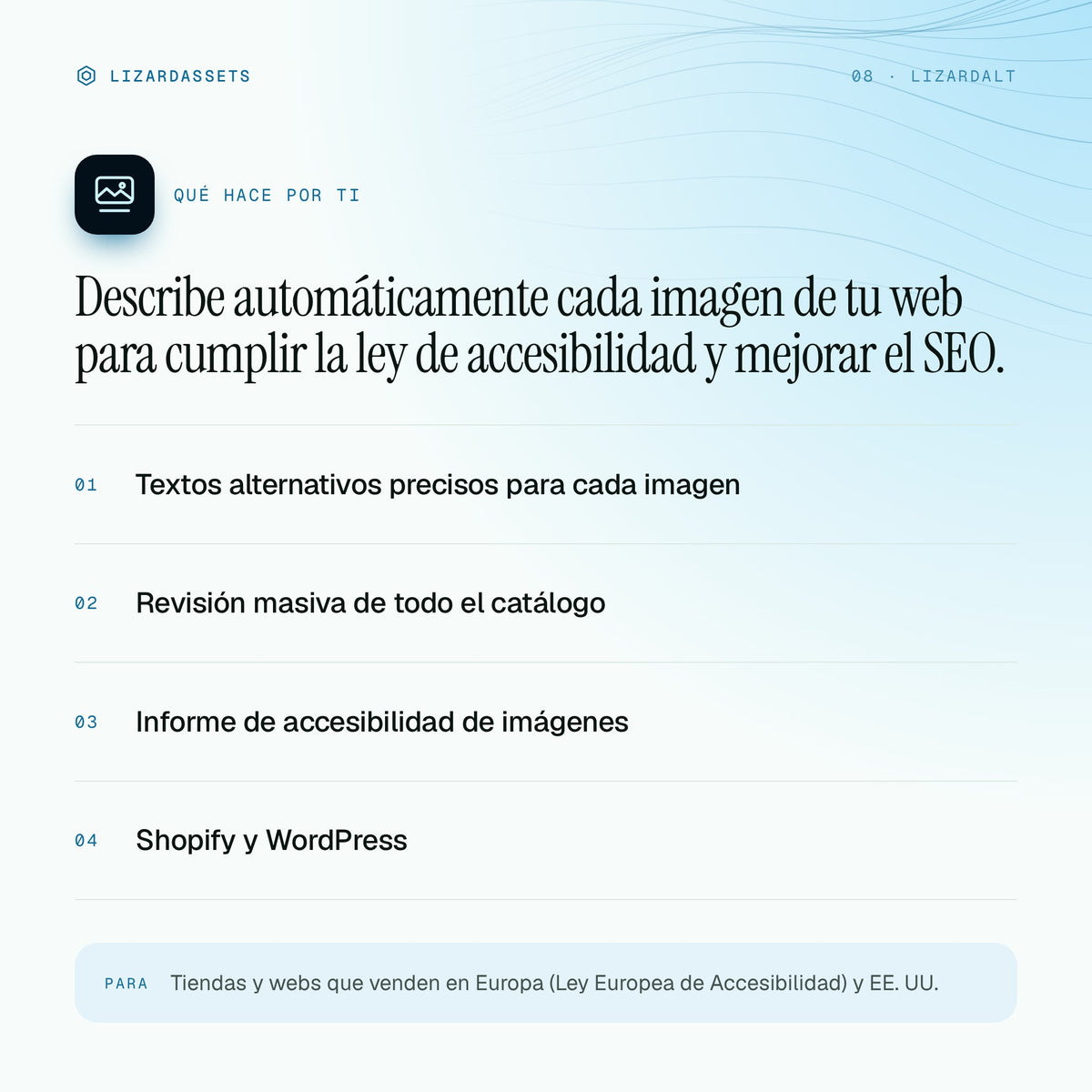 LizardAlt: qué hace y para quién es. Textos alternativos precisos para cada imagen. Revisión masiva de todo el catálogo. Informe de accesibilidad de imágenes. Shopify y WordPress.
