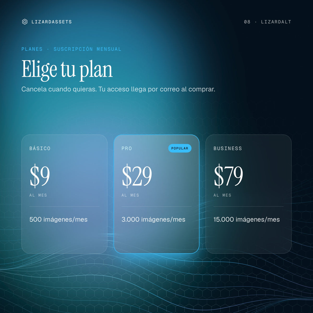 Planes de LizardAlt: Básico $9 al mes, Pro $29 al mes, Business $79 al mes.
