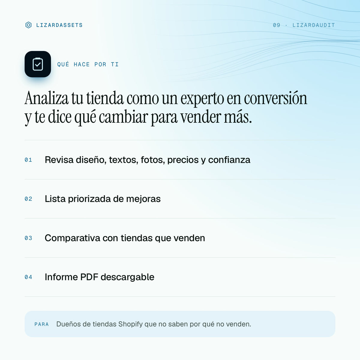 LizardAudit: qué hace y para quién es. Revisa diseño, textos, fotos, precios y confianza. Lista priorizada de mejoras. Comparativa con tiendas que venden. Informe PDF descargable.