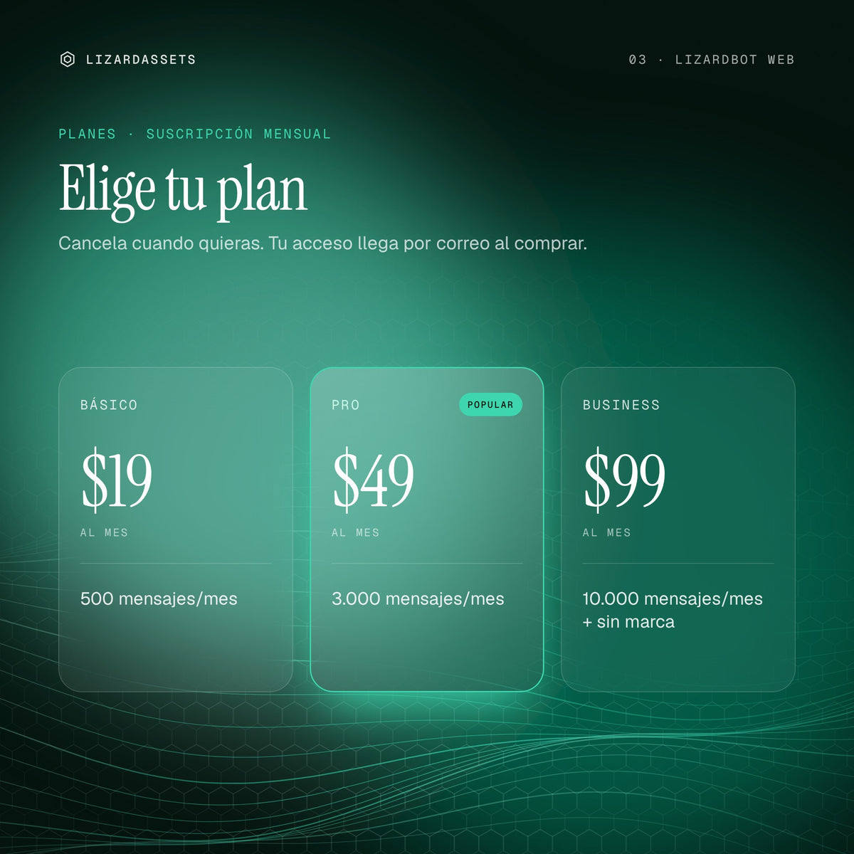 Planes de LizardBot Web: Básico $19 al mes, Pro $49 al mes, Business $99 al mes.
