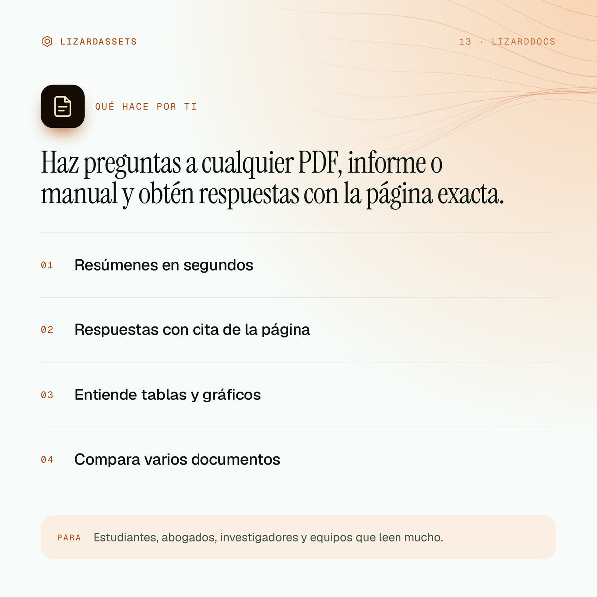 LizardDocs: qué hace y para quién es. Resúmenes en segundos. Respuestas con cita de la página. Entiende tablas y gráficos. Compara varios documentos.