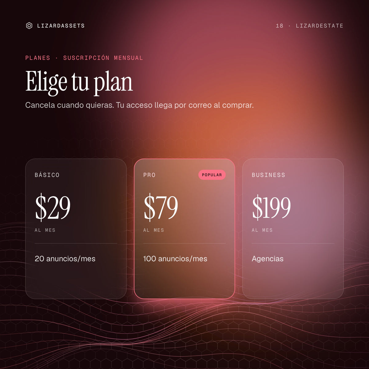 Planes de LizardEstate: Básico $29 al mes, Pro $79 al mes, Business $199 al mes.