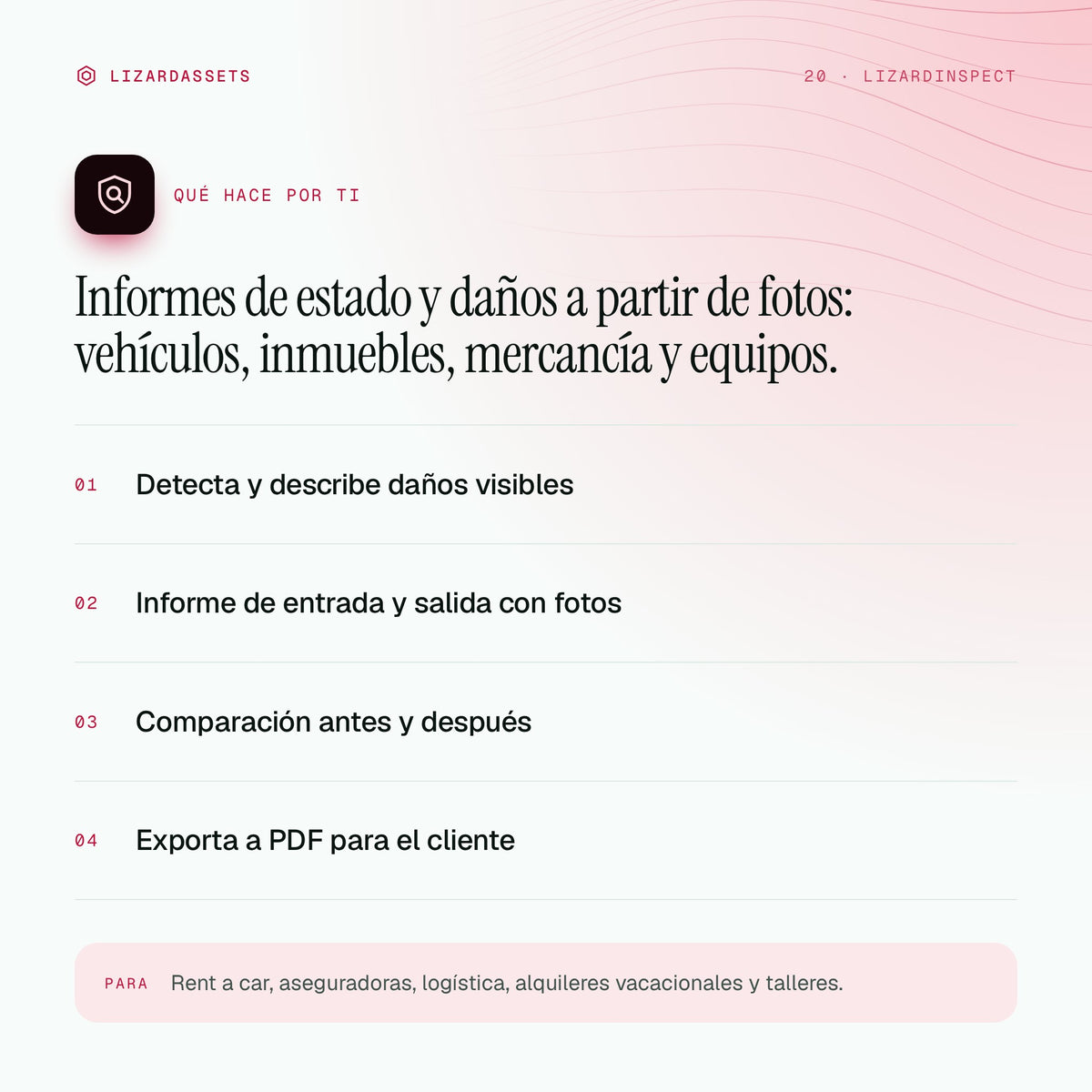 LizardInspect: qué hace y para quién es. Detecta y describe daños visibles. Informe de entrada y salida con fotos. Comparación antes y después. Exporta a PDF para el cliente.