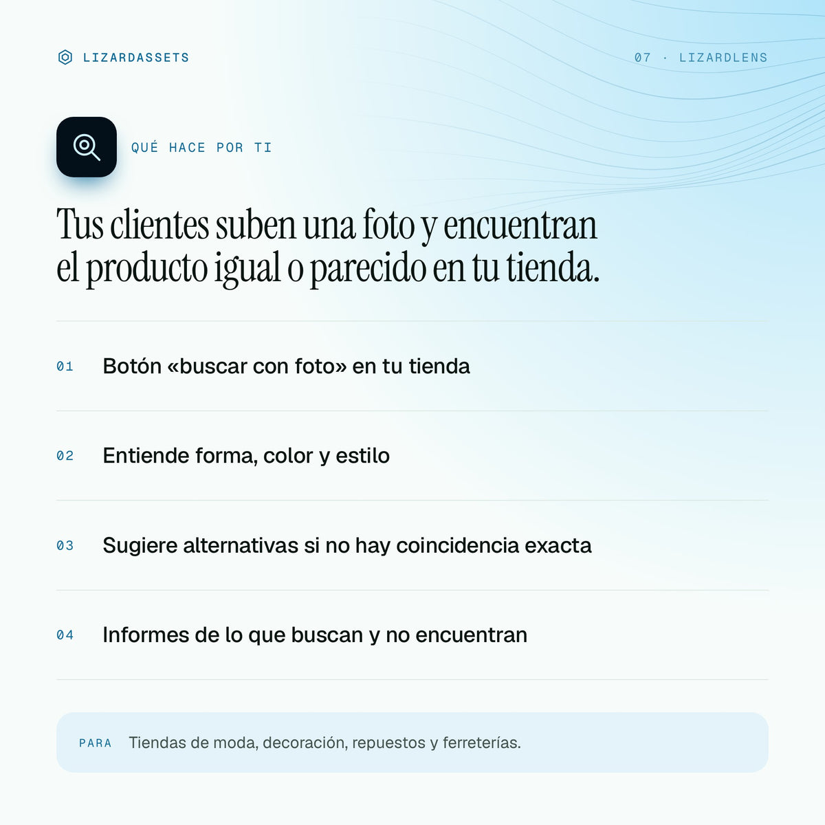 LizardLens: qué hace y para quién es. Botón «buscar con foto» en tu tienda. Entiende forma, color y estilo. Sugiere alternativas si no hay coincidencia exacta. Informes de lo que buscan y no encuentran.