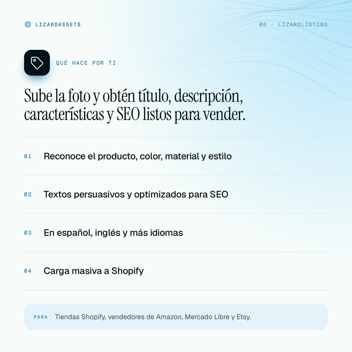 LizardListing: qué hace y para quién es. Reconoce el producto, color, material y estilo. Textos persuasivos y optimizados para SEO. En español, inglés y más idiomas. Carga masiva a Shopify.