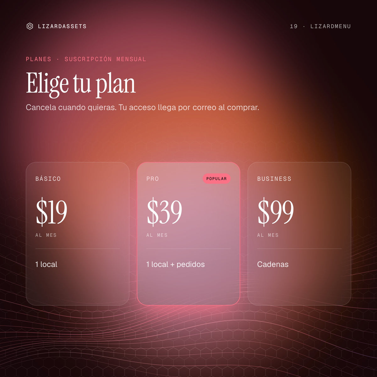 Planes de LizardMenu: Básico $19 al mes, Pro $39 al mes, Business $99 al mes.