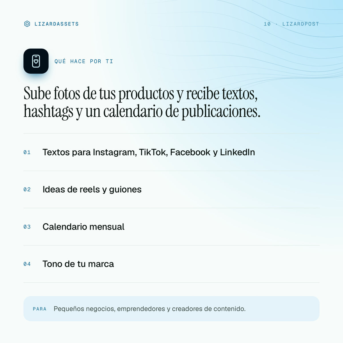 LizardPost: qué hace y para quién es. Textos para Instagram, TikTok, Facebook y LinkedIn. Ideas de reels y guiones. Calendario mensual. Tono de tu marca.