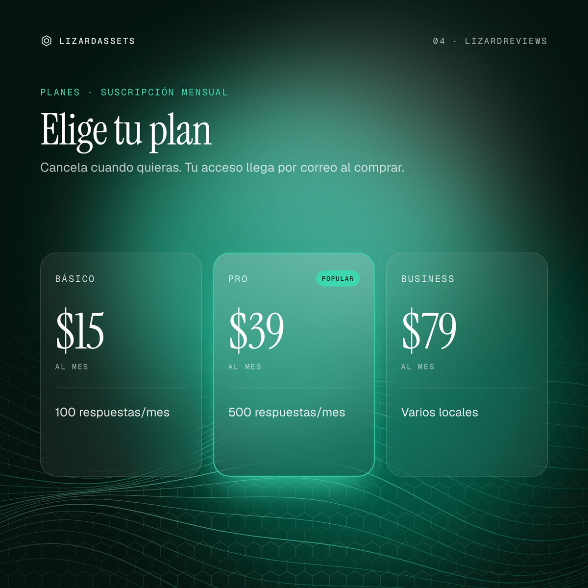 Planes de LizardReviews: Básico $15 al mes, Pro $39 al mes, Business $79 al mes.
