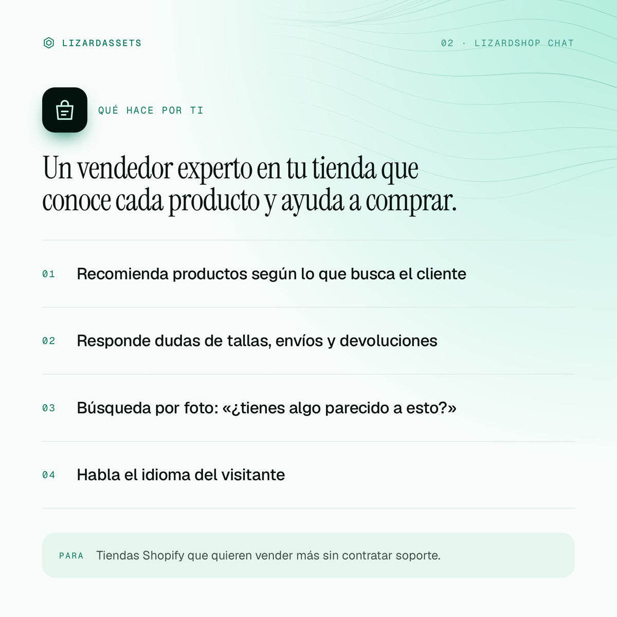 LizardShop Chat: qué hace y para quién es. Recomienda productos según lo que busca el cliente. Responde dudas de tallas, envíos y devoluciones. Búsqueda por foto: «¿tienes algo parecido a esto?». Habla el idioma del visitante.