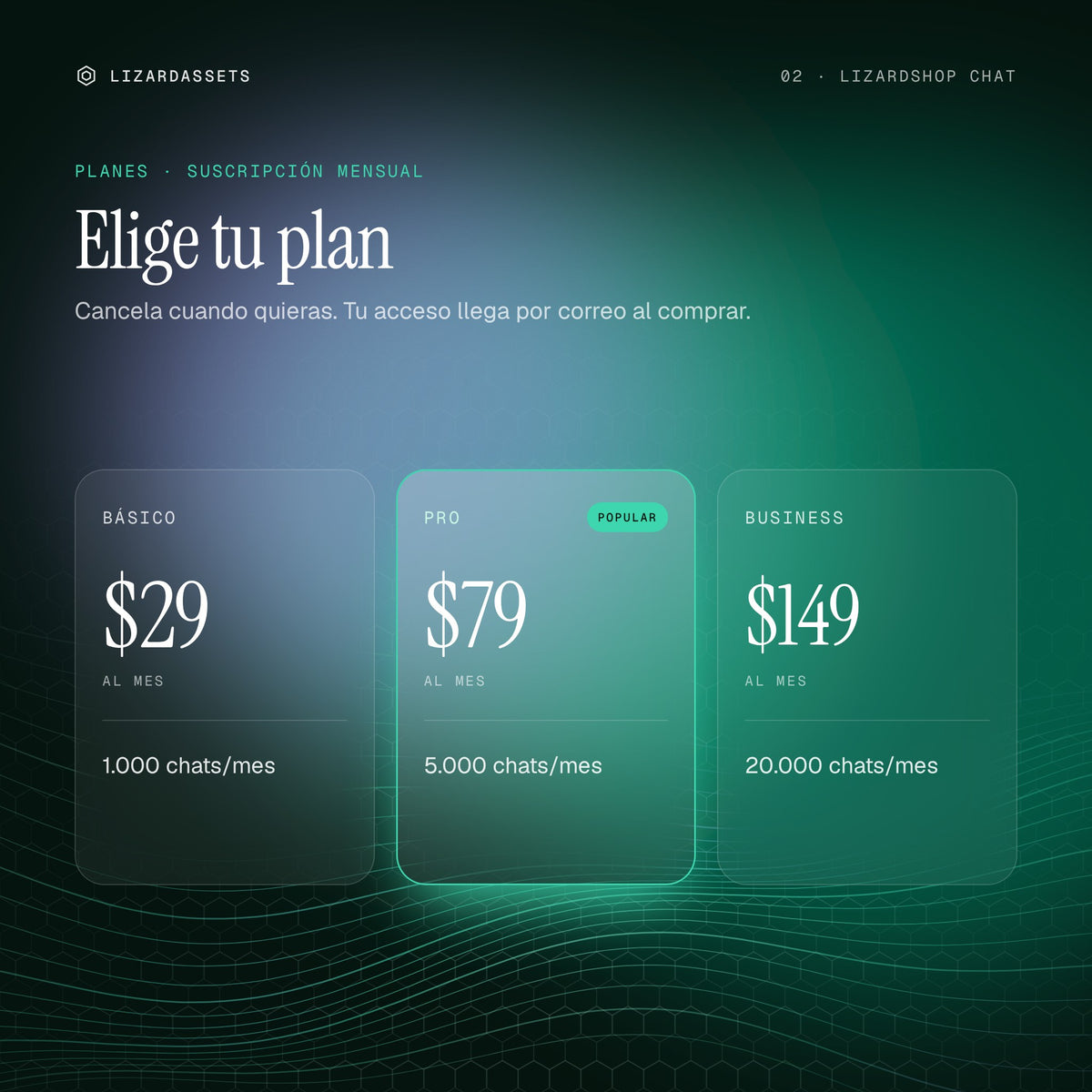 Planes de LizardShop Chat: Básico $29 al mes, Pro $79 al mes, Business $149 al mes.