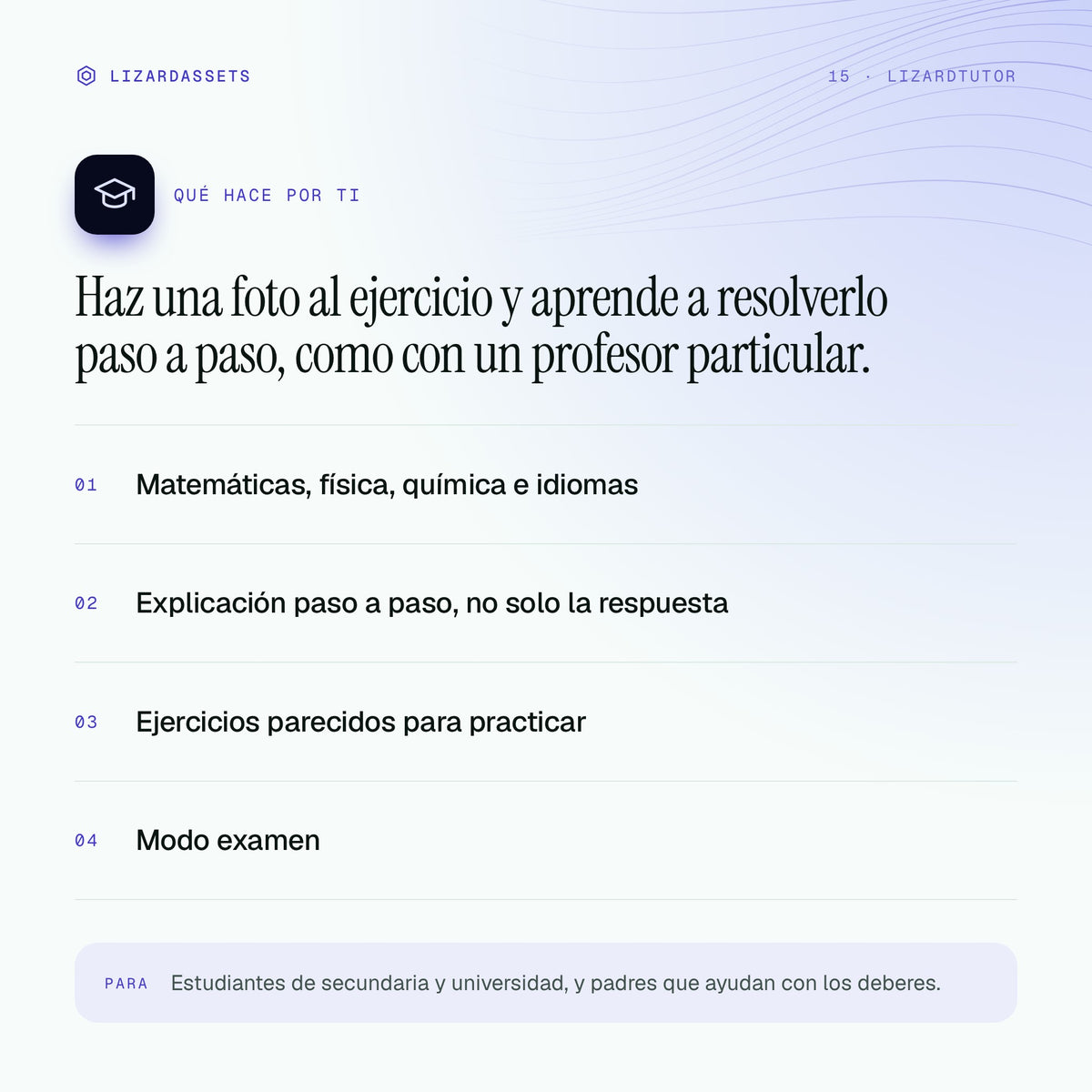 LizardTutor: qué hace y para quién es. Matemáticas, física, química e idiomas. Explicación paso a paso, no solo la respuesta. Ejercicios parecidos para practicar. Modo examen.